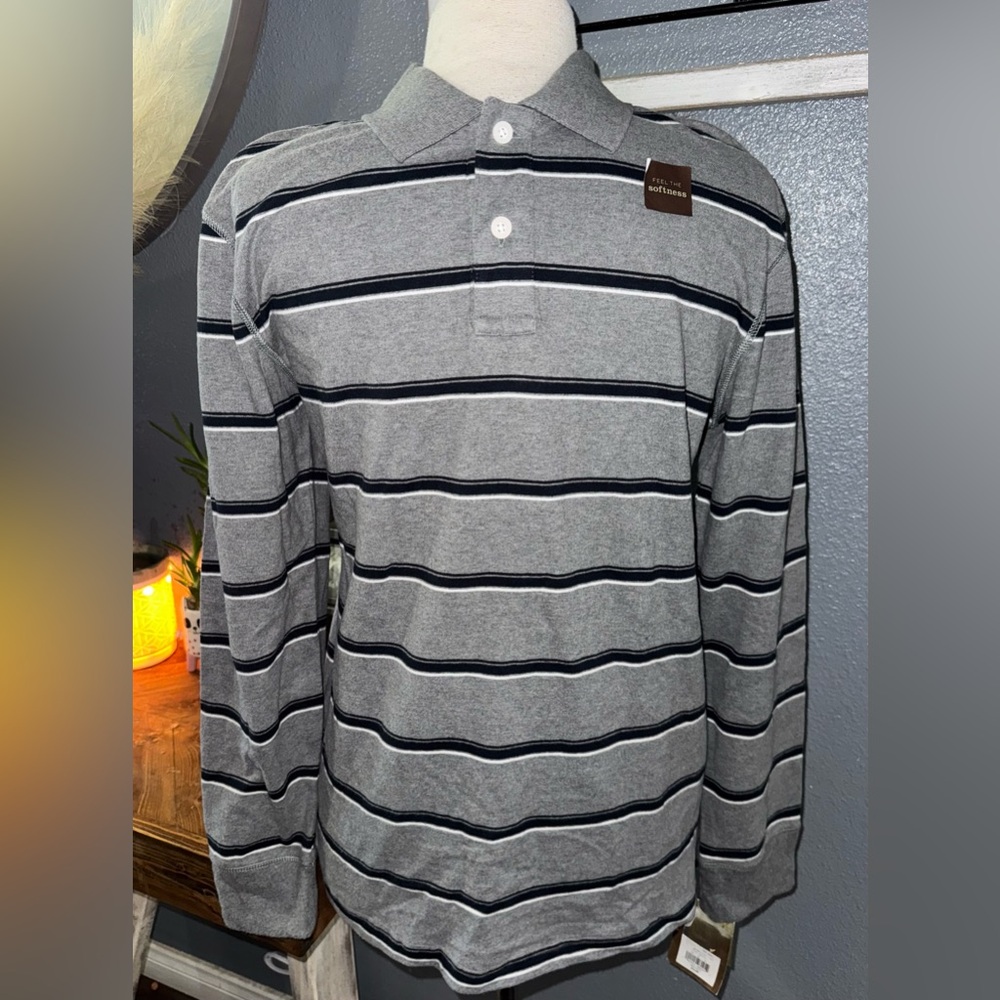 Kohl's Gray and Black Striped Polo Shirt